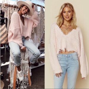 Wildfox Palmetto Reversible Knit Sweater Blush Pink V-Neck Sweater Distressed XS